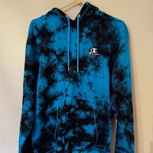 Blue and Black Tie-Dye Champion Hoodie Sweatshirt